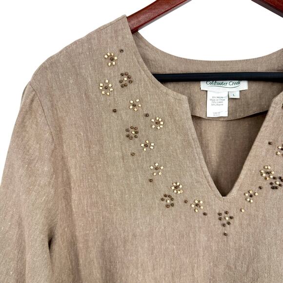 Coldwater Creek Sz Large LINEN BLEND Beaded Tropical Beach Blouse Shirt Top - Picture 3 of 7
